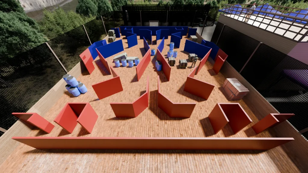Club arena aerial view with barricades